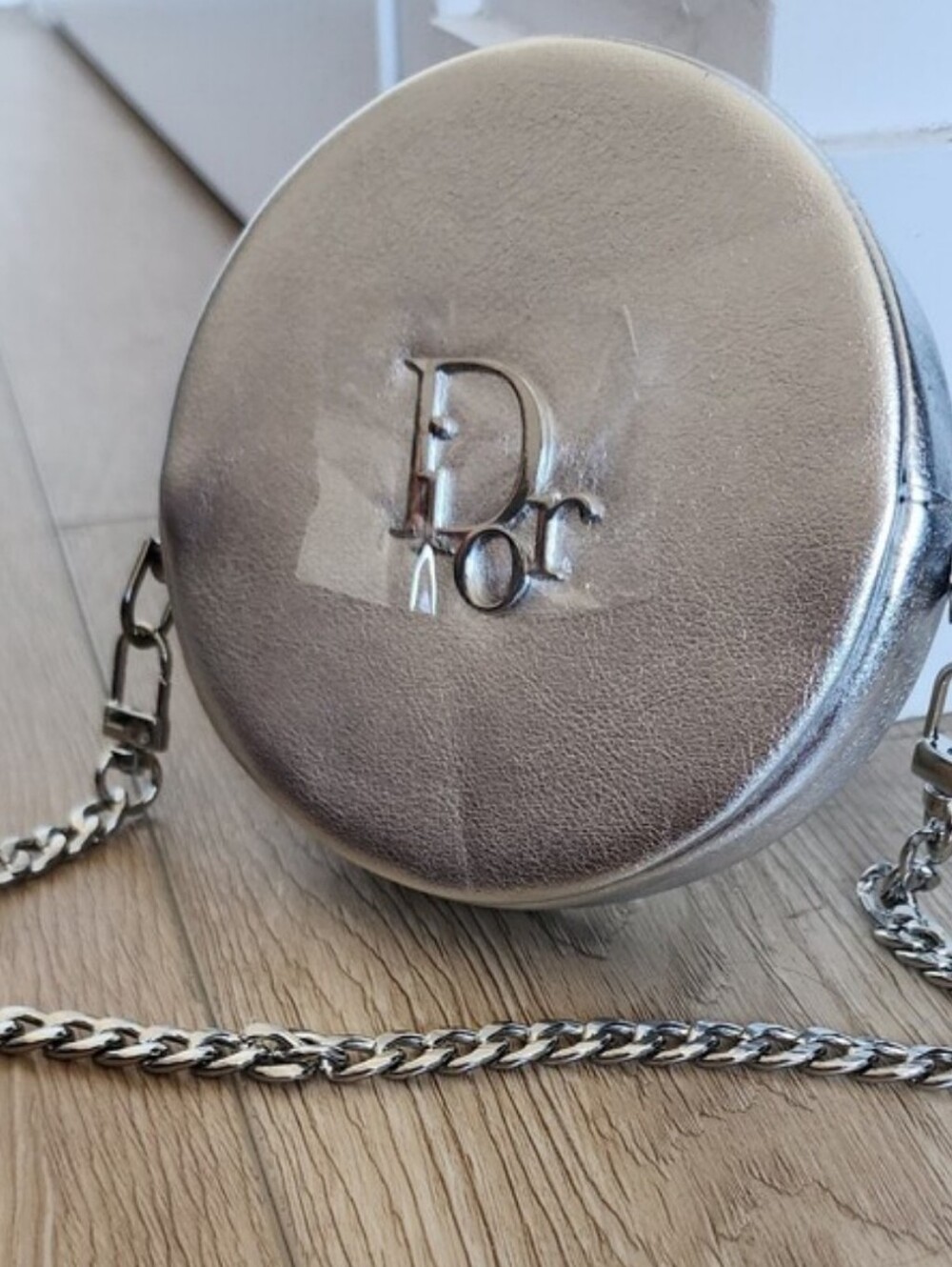 Dior Beauty Metallic Silver Round Zippered Vanity Pouch Bag With Silver Chain